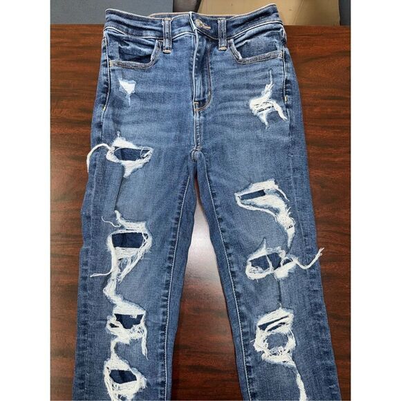 American Eagle Super Hi-Rise Distressed Jeggings Denim Jeans Size 00 - Picture 2 of 8